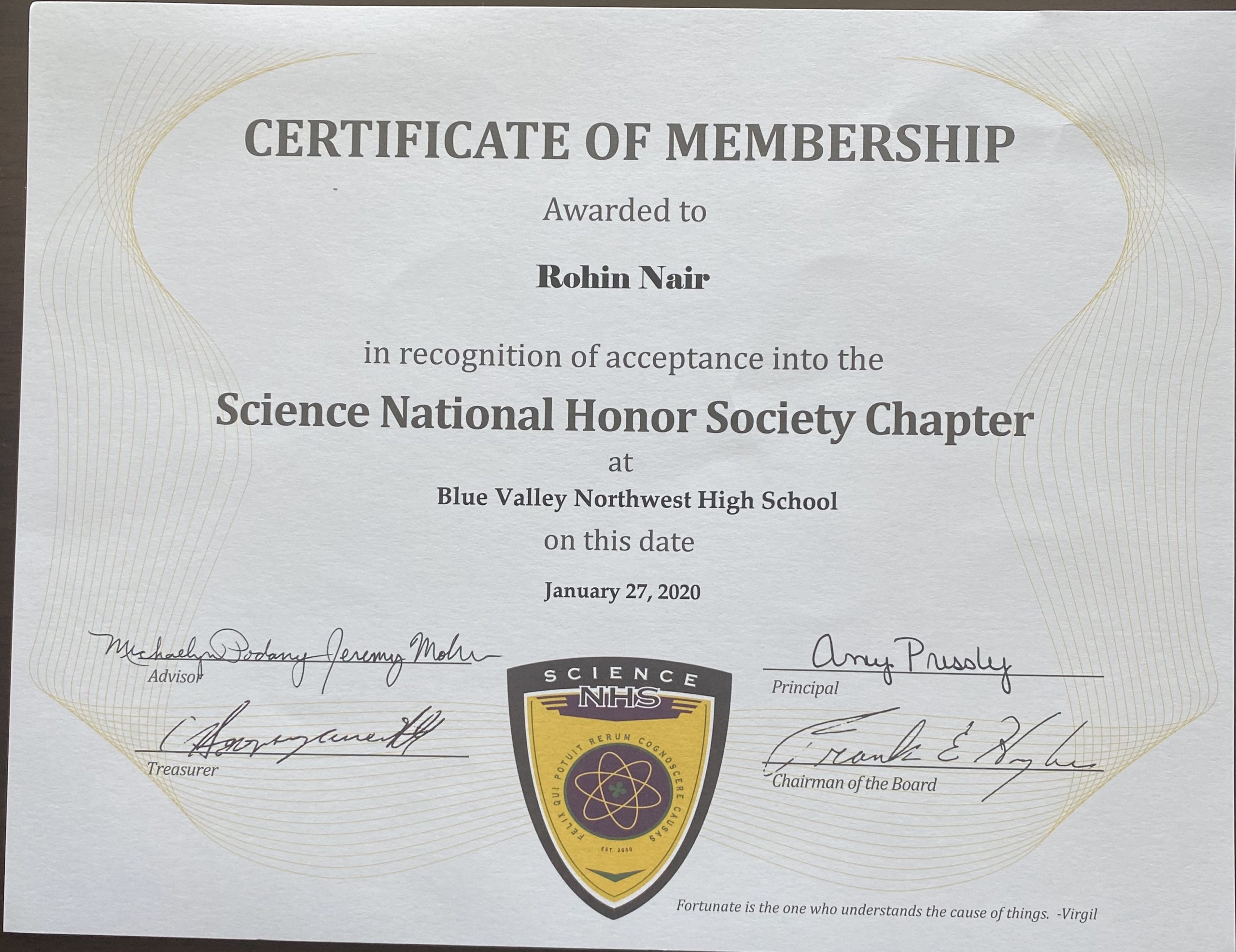 CERTIFICATE FOR SCIENCE NATIONAL HONOR SOCIETY