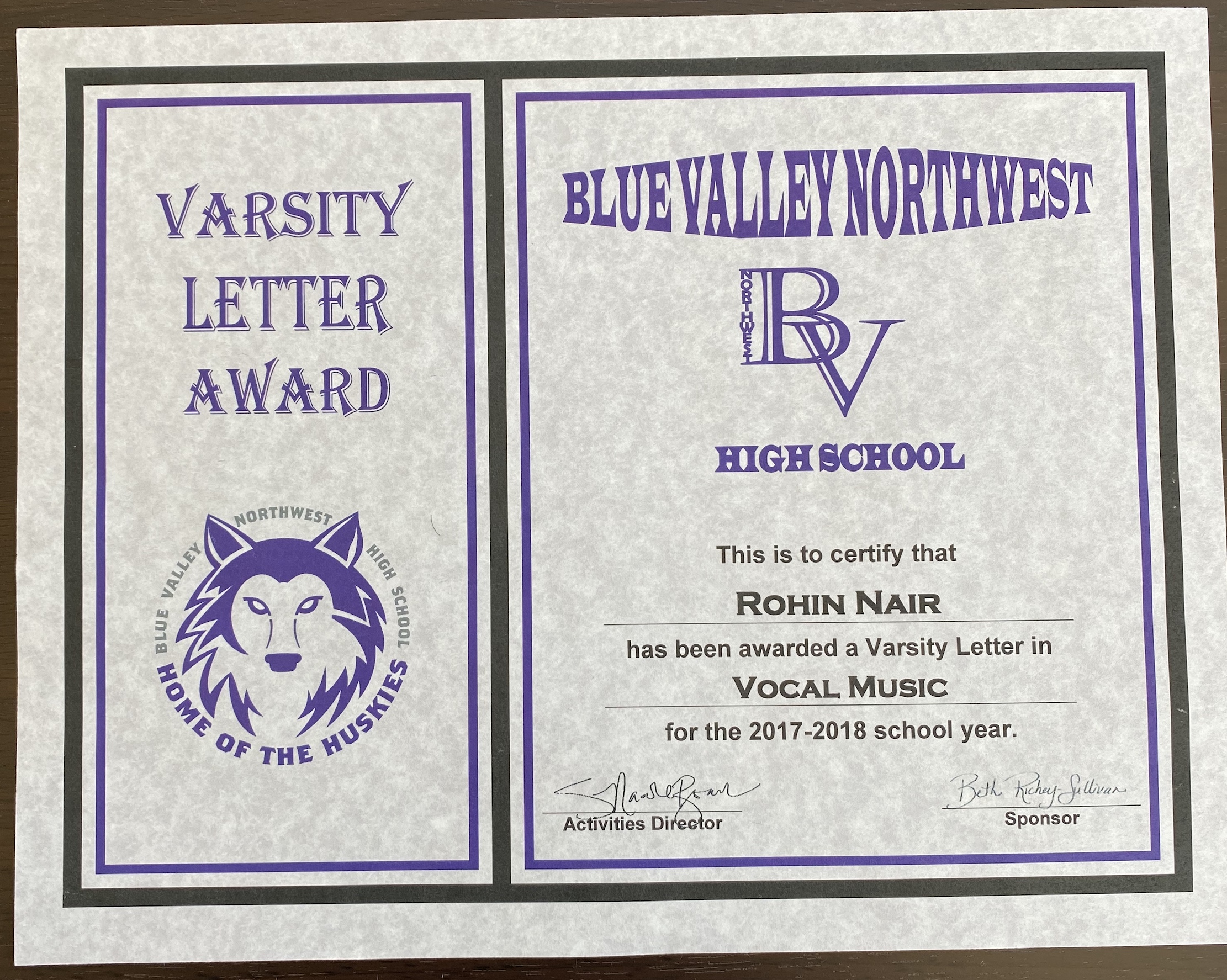 VARSITY AWARD FOR VOCAL MUSIC